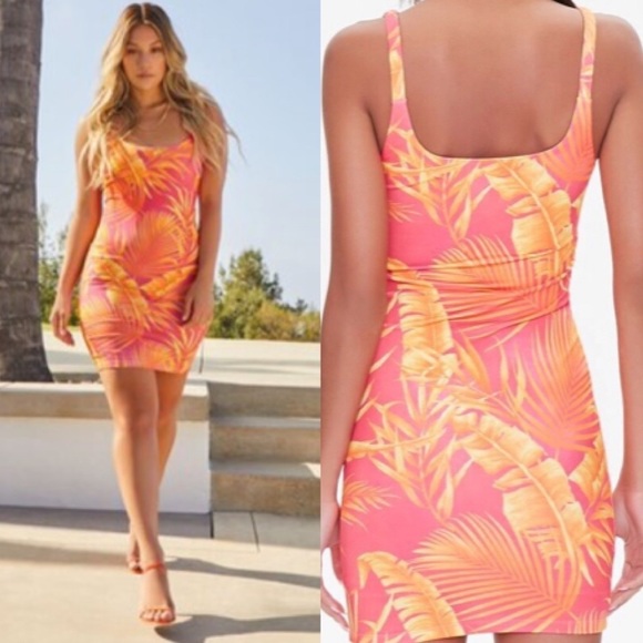 New Forever 21 Peach Tropical Palm Day Dress